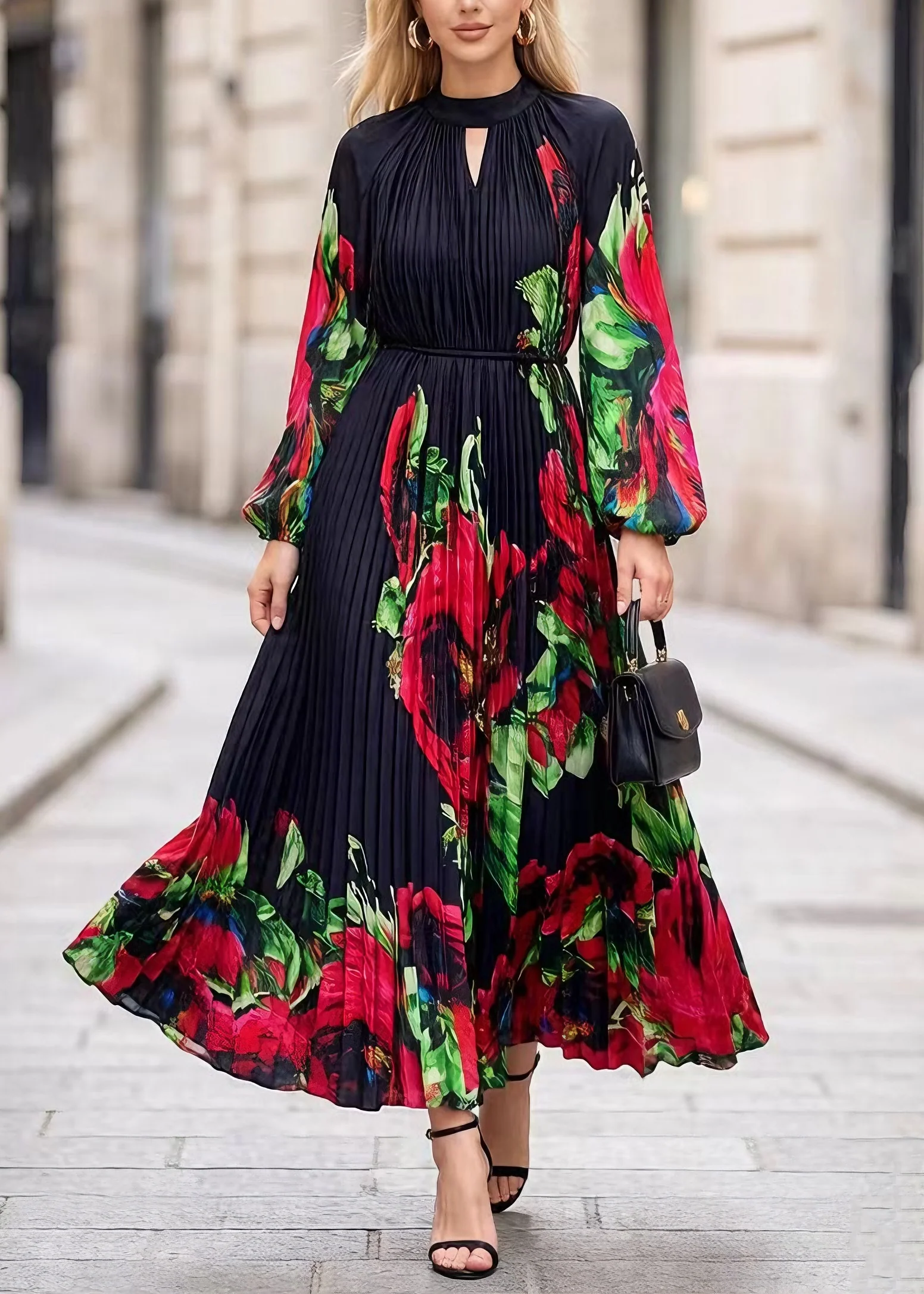Classy Black O Neck Print Chiffon Exra Large Hem Dress Spring - Image 5