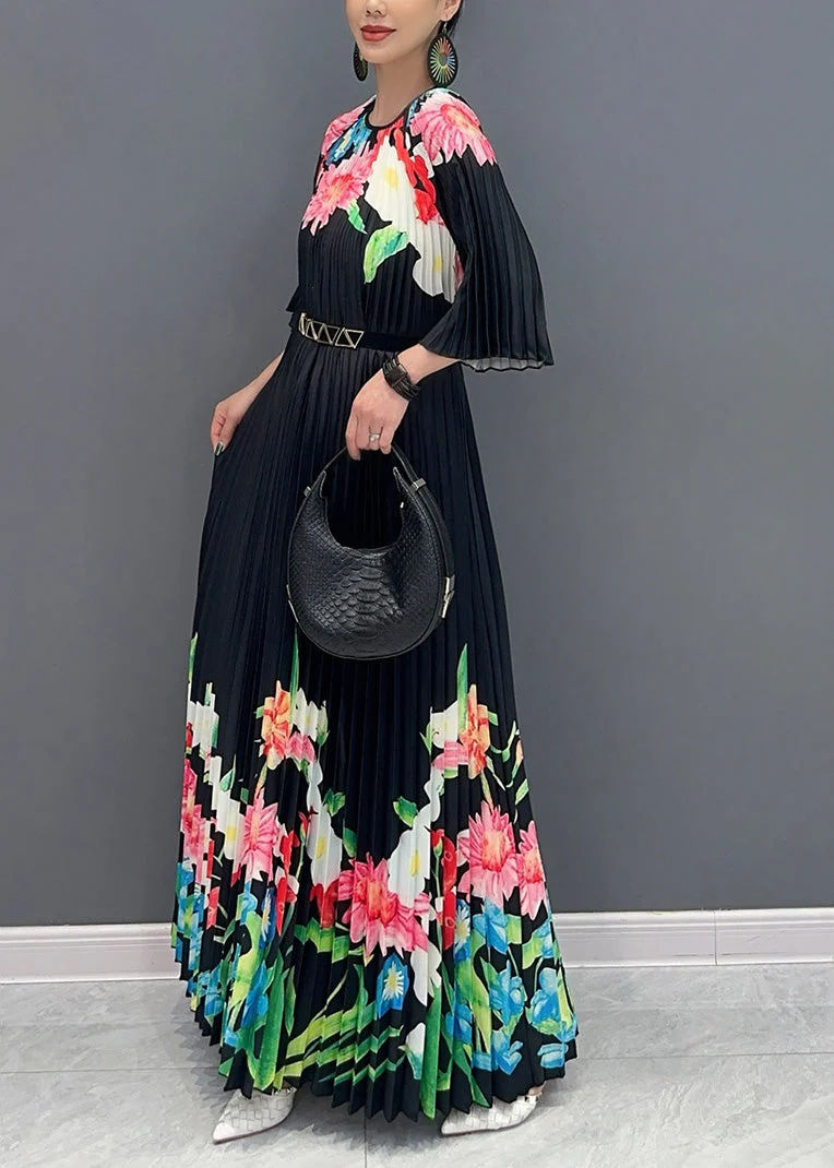 Classy Black O-Neck Print Flattering Maxi Dresses Half Sleeve - Image 4