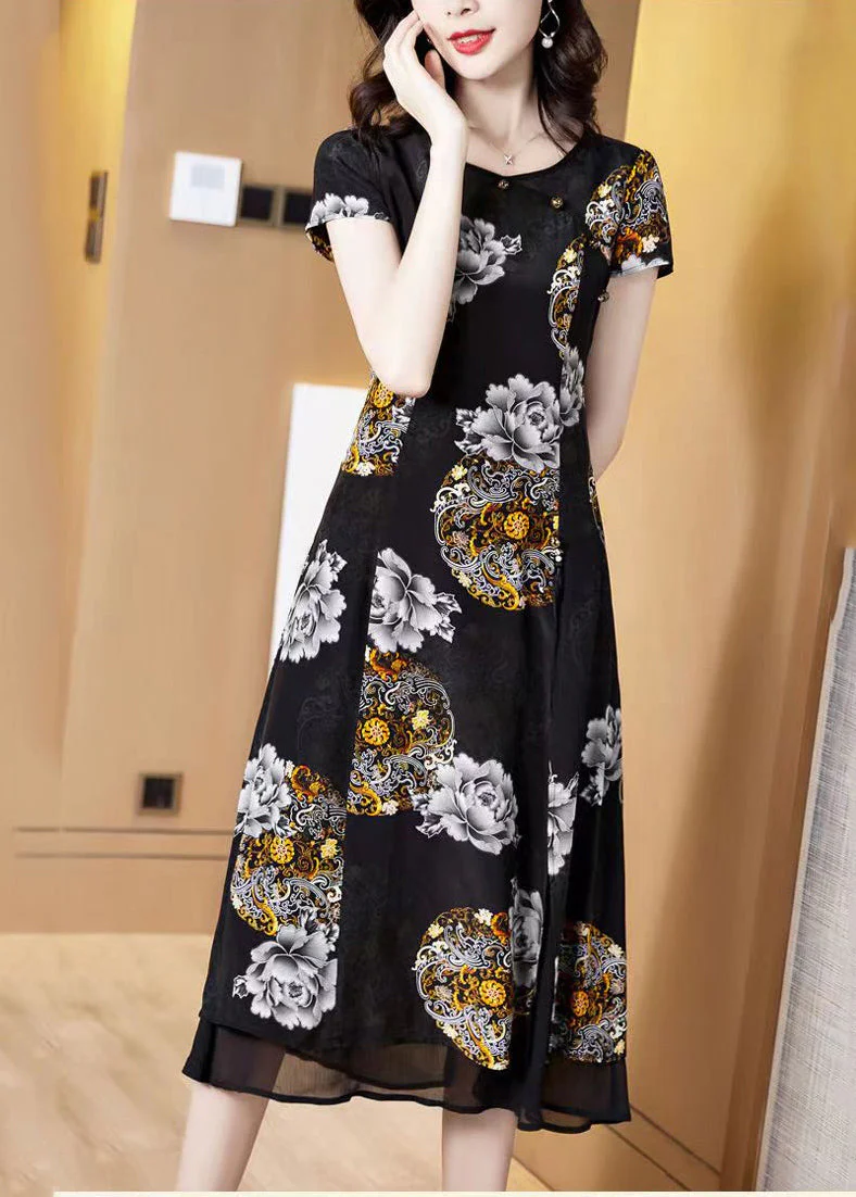 Classy Black O-Neck Print Layered Design Silk Holiday Dress Short Sleeve - Image 2