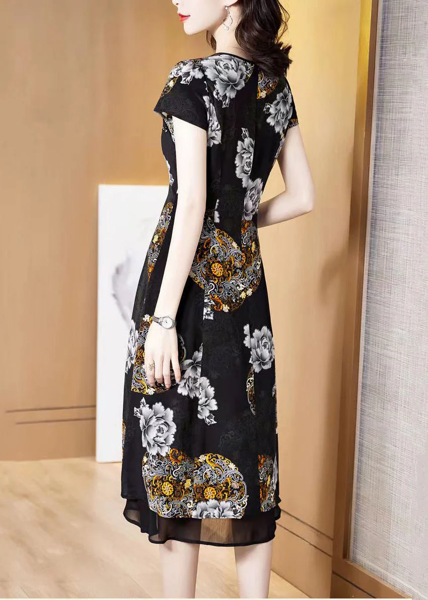 Classy Black O-Neck Print Layered Design Silk Holiday Dress Short Sleeve - Image 3