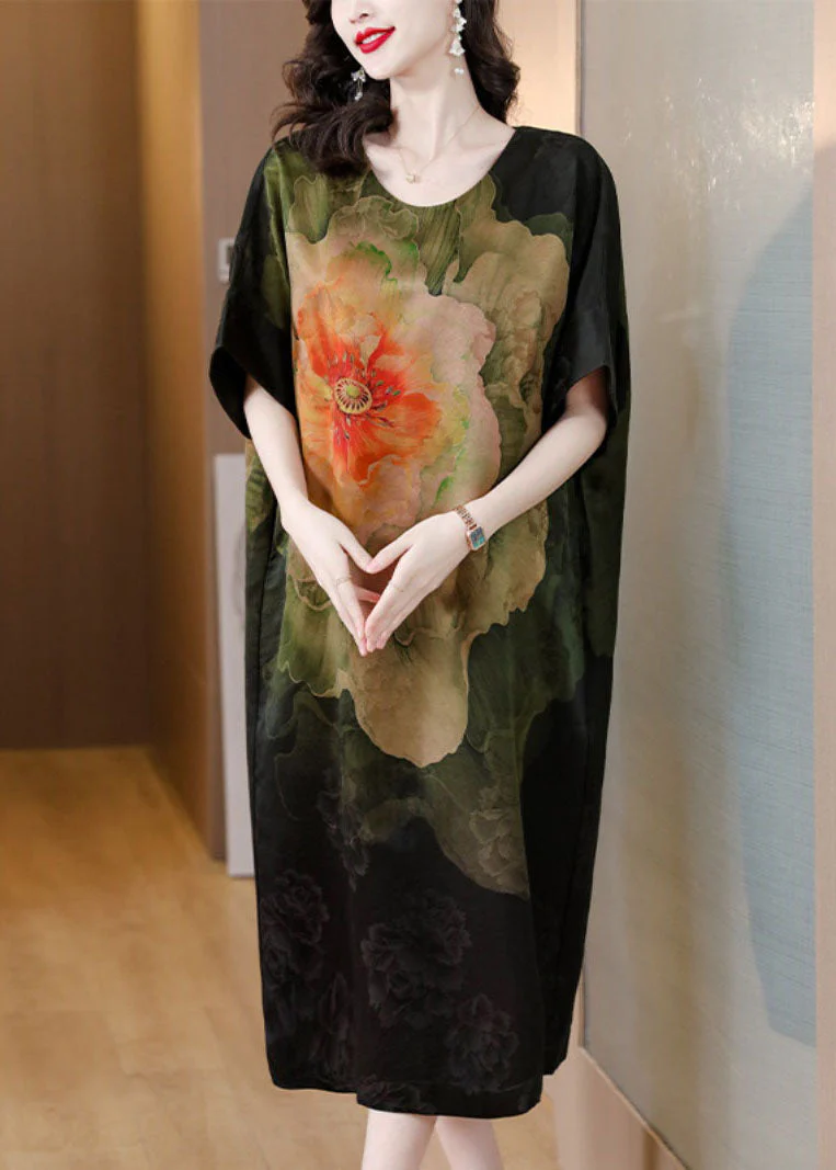 Classy Black O Neck Print Patchwork Silk Dress Summer - Image 2