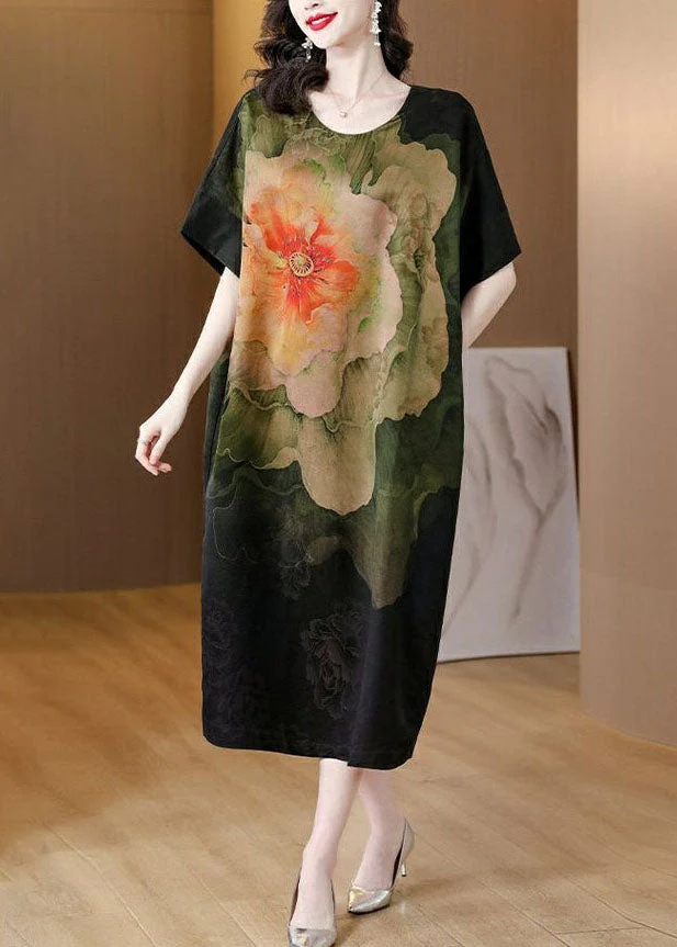 Classy Black O Neck Print Patchwork Silk Dress Summer - Image 3