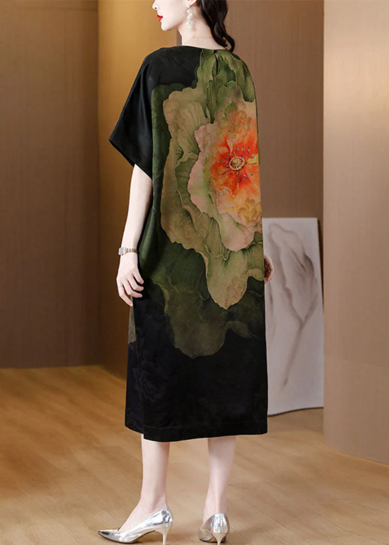 Classy Black O Neck Print Patchwork Silk Dress Summer - Image 4