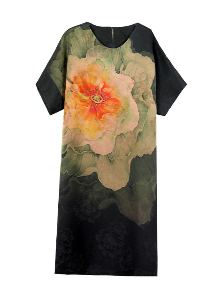 Classy Black O Neck Print Patchwork Silk Dress Summer - Image 5