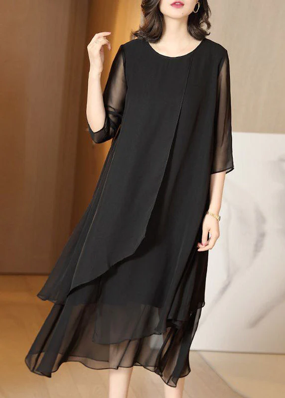 Classy Black O-Neck Tulle Patchwork Chiffon Maxi Dress Summer - Image 4