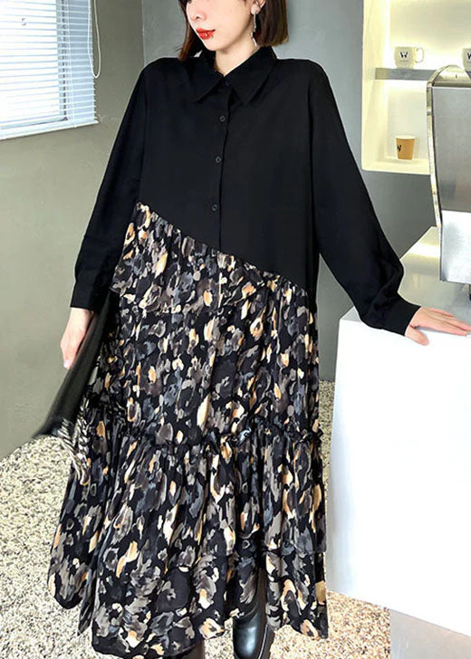 Classy Black Patchwork Button A Line Fall Long sleeve Shirts dress - Image 3