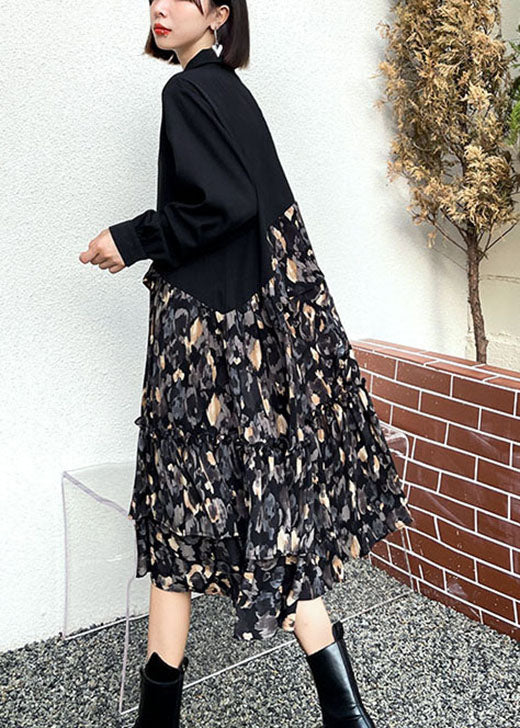 Classy Black Patchwork Button A Line Fall Long sleeve Shirts dress - Image 4