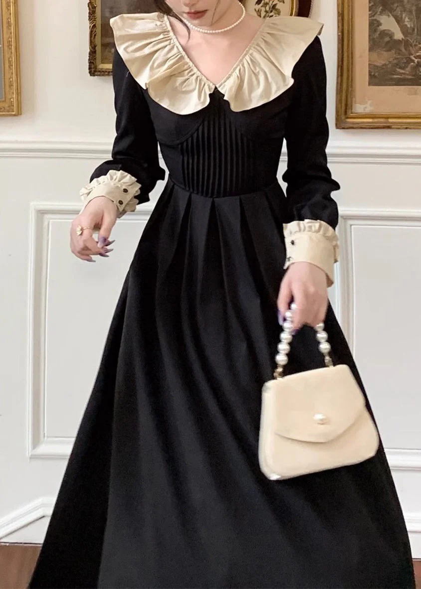 Classy Black Peter Pan Collar Ruffled Cotton Long Dresses Spring - Image 2