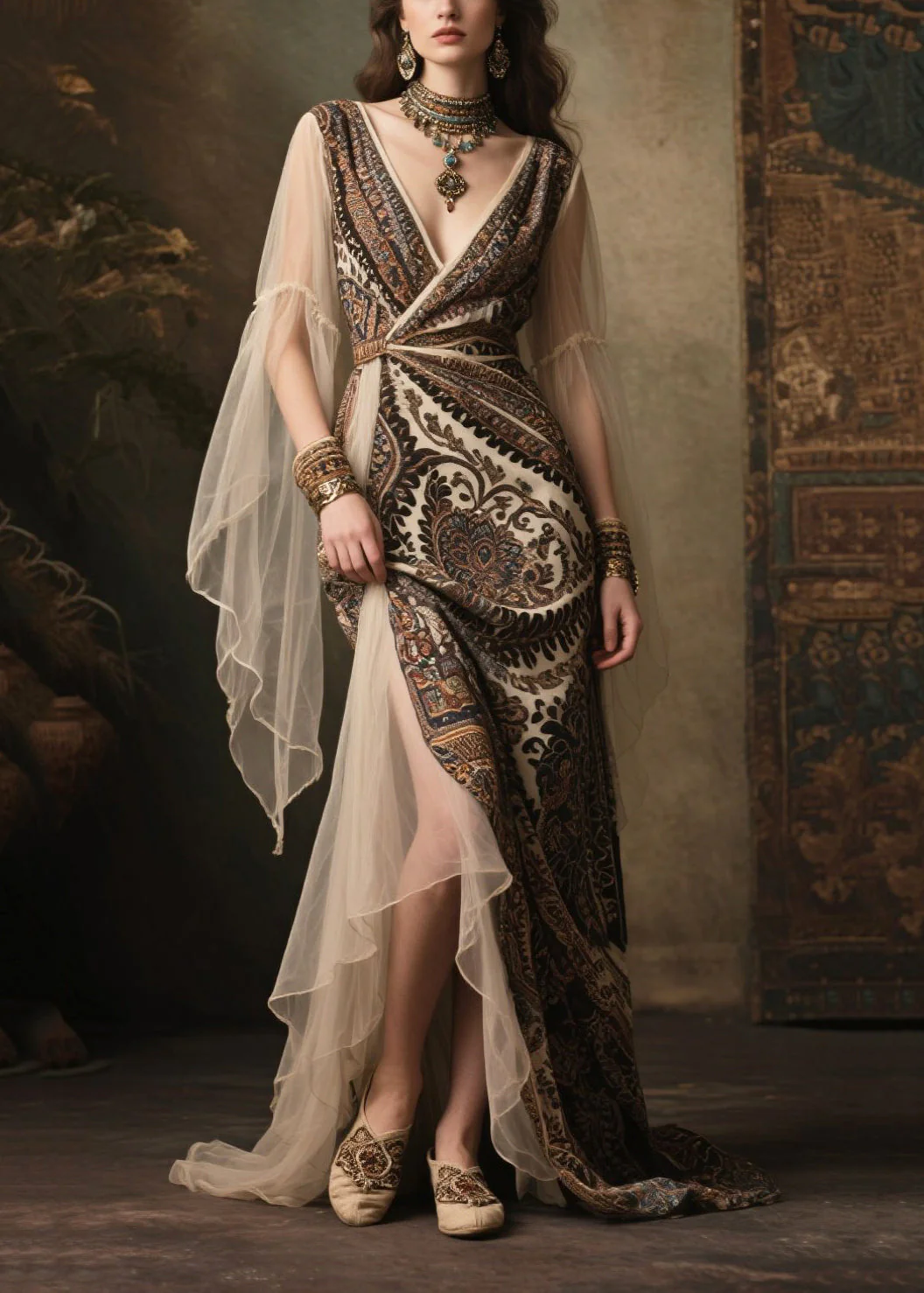 Classy Black Print Exra Large Hem Patchwork Tulle Long Dress Summer - Image 3