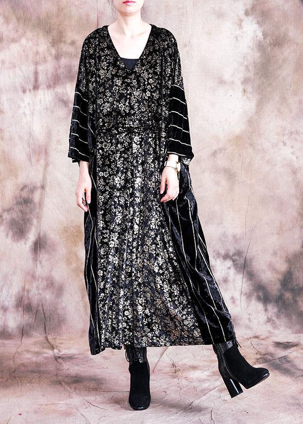 Classy black print quilting clothes o neck patchwork Robe fall Dress - Image 2