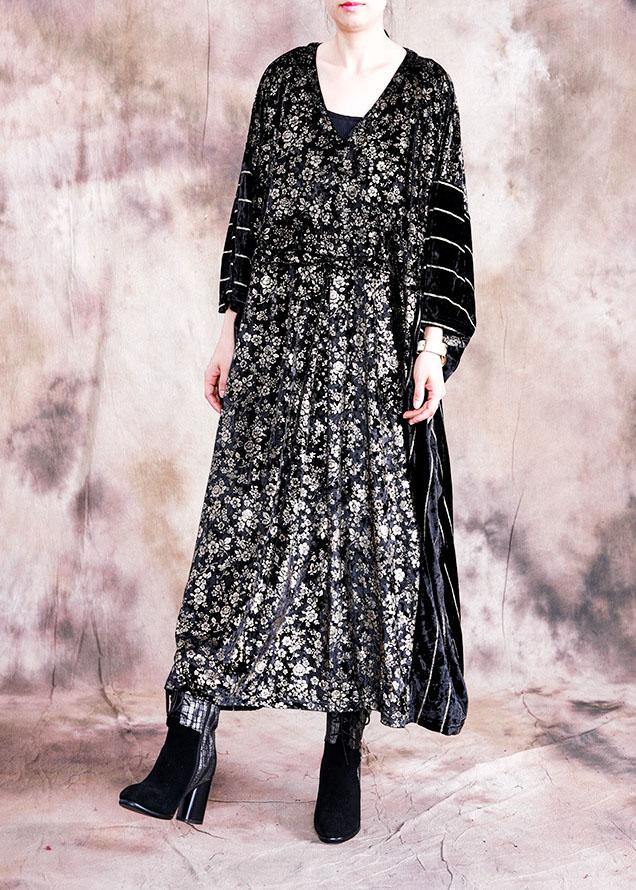 Classy black print quilting clothes o neck patchwork Robe fall Dress - Image 3