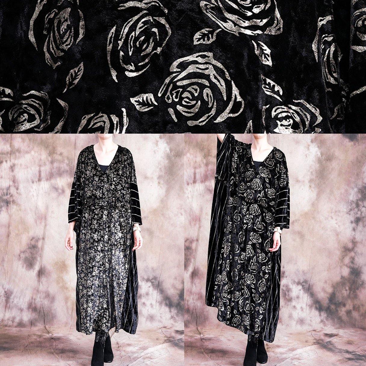 Classy black print quilting clothes o neck patchwork Robe fall Dress - Image 5