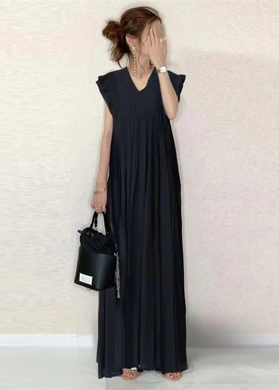 Classy Black Ruffled Patchwork Cotton Tunic Dress Sleeveless - Image 2