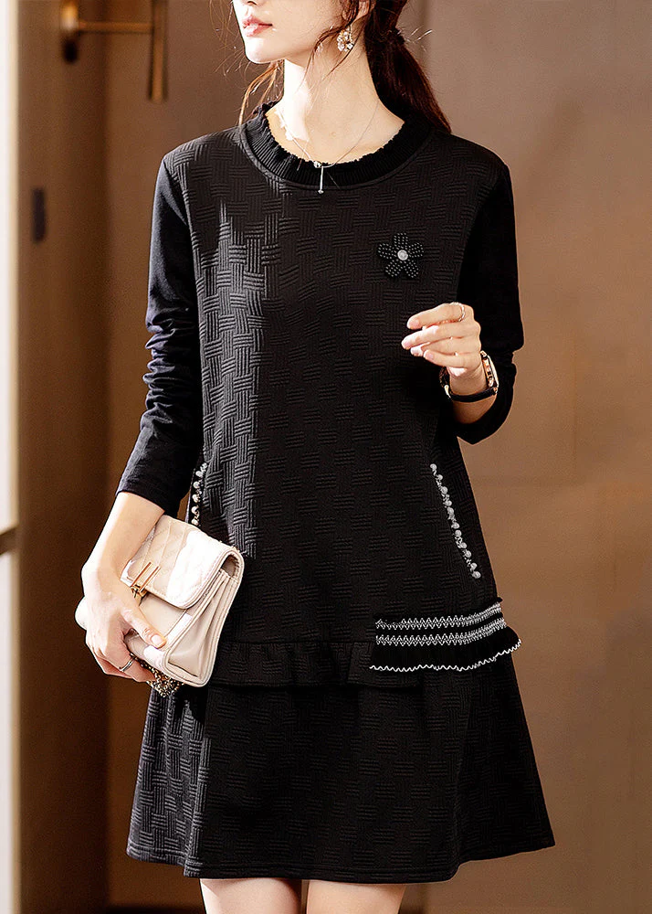 Classy Black Ruffled Pearl Patchwork Cotton Mid Dress Fall - Image 2