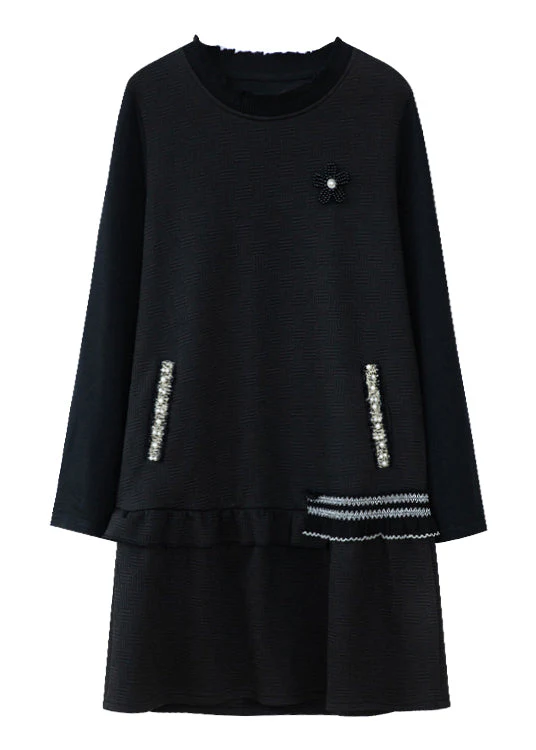 Classy Black Ruffled Pearl Patchwork Cotton Mid Dress Fall - Image 5