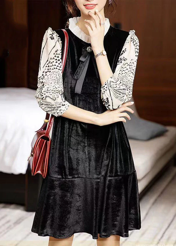Classy Black Ruffled Print Patchwork Silk Velour Mid Dress Fall - Image 2