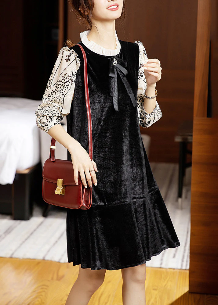 Classy Black Ruffled Print Patchwork Silk Velour Mid Dress Fall - Image 3