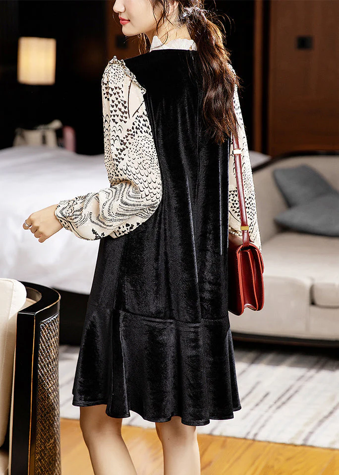 Classy Black Ruffled Print Patchwork Silk Velour Mid Dress Fall - Image 4