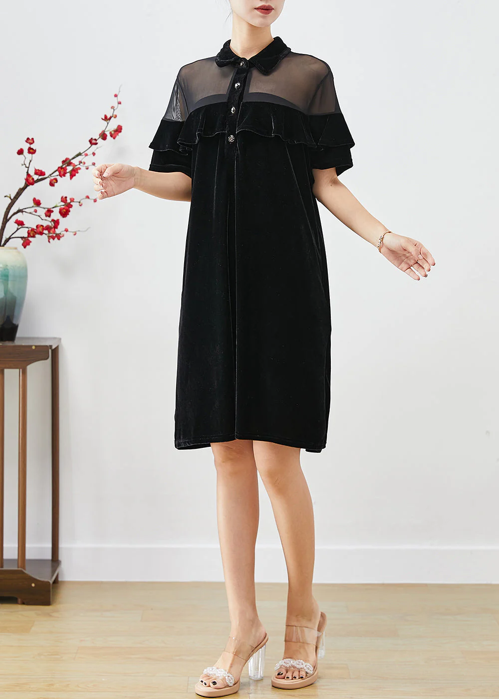 Classy Black Ruffles Patchwork Tulle Hollow Out Silk Velour Dress Fall - Image 3