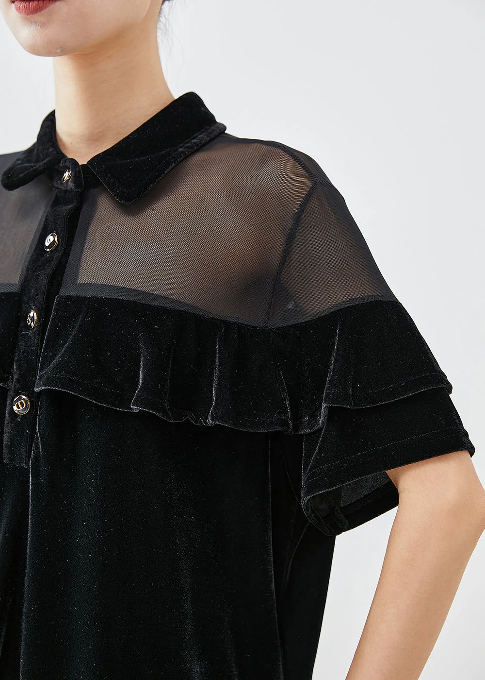 Classy Black Ruffles Patchwork Tulle Hollow Out Silk Velour Dress Fall - Image 5