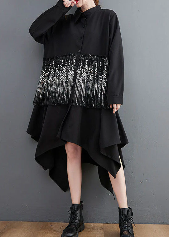 Classy Black Sequins asymmetrical design Dresses Spring - Image 2