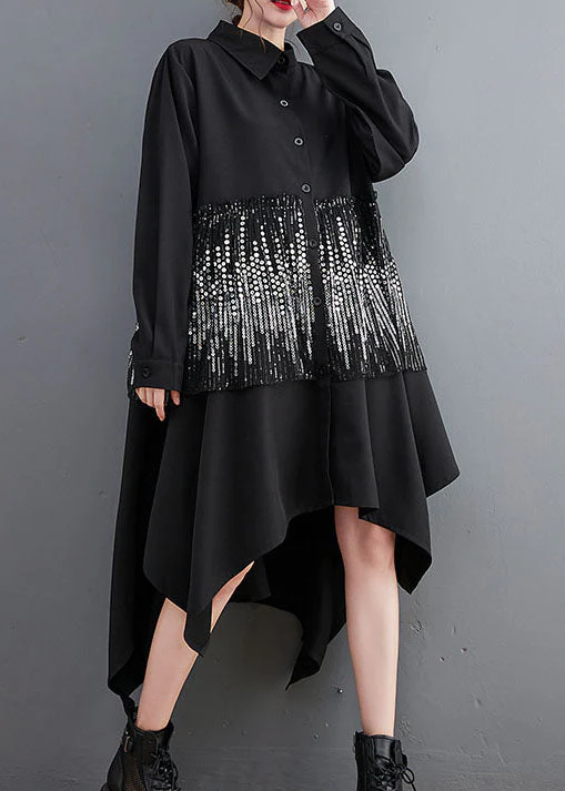 Classy Black Sequins asymmetrical design Dresses Spring - Image 3