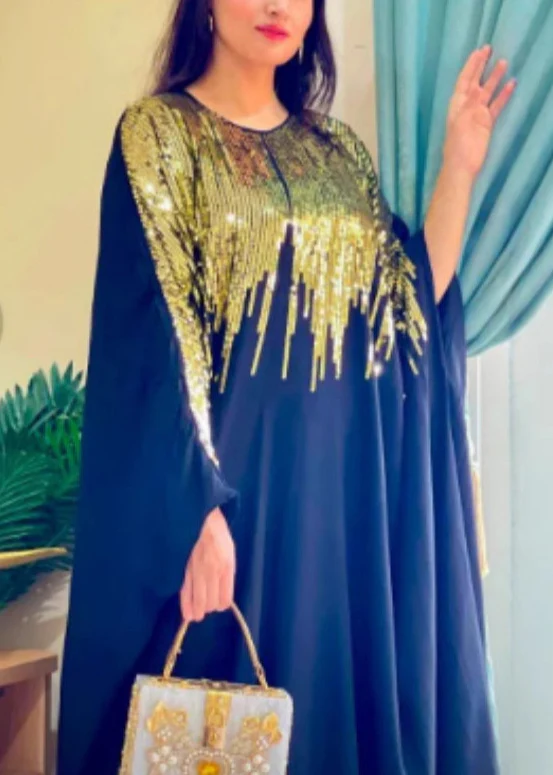 Classy Black Sequins Patchwork Cotton Maxi Dress Batwing Sleeve - Image 2