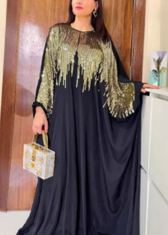 Classy Black Sequins Patchwork Cotton Maxi Dress Batwing Sleeve - Image 3
