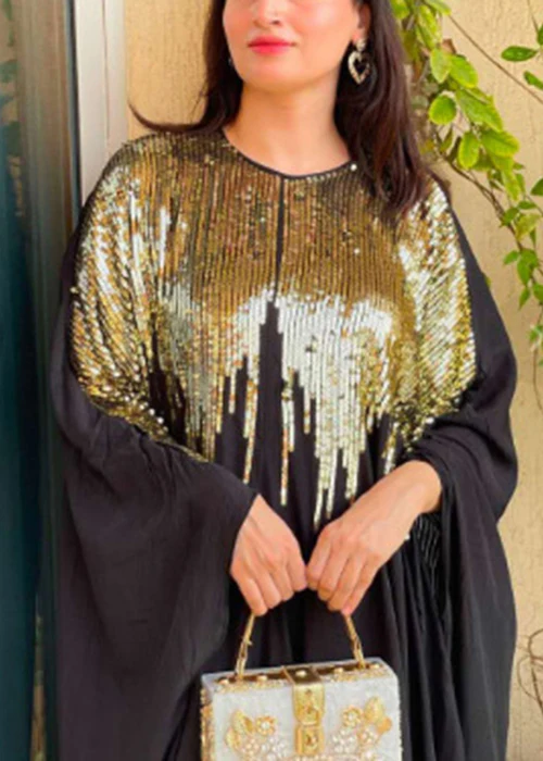 Classy Black Sequins Patchwork Cotton Maxi Dress Batwing Sleeve - Image 4