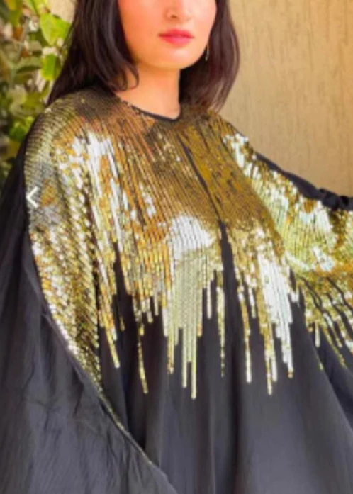 Classy Black Sequins Patchwork Cotton Maxi Dress Batwing Sleeve - Image 5