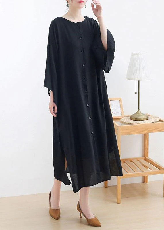 Classy Black side Open Cotton Dress long Shirts Fall Dress - Image 2