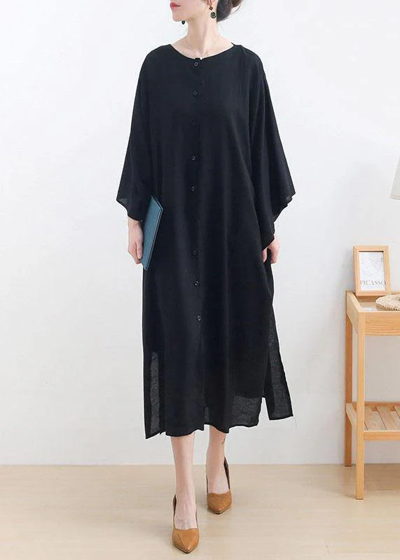 Classy Black side Open Cotton Dress long Shirts Fall Dress - Image 3