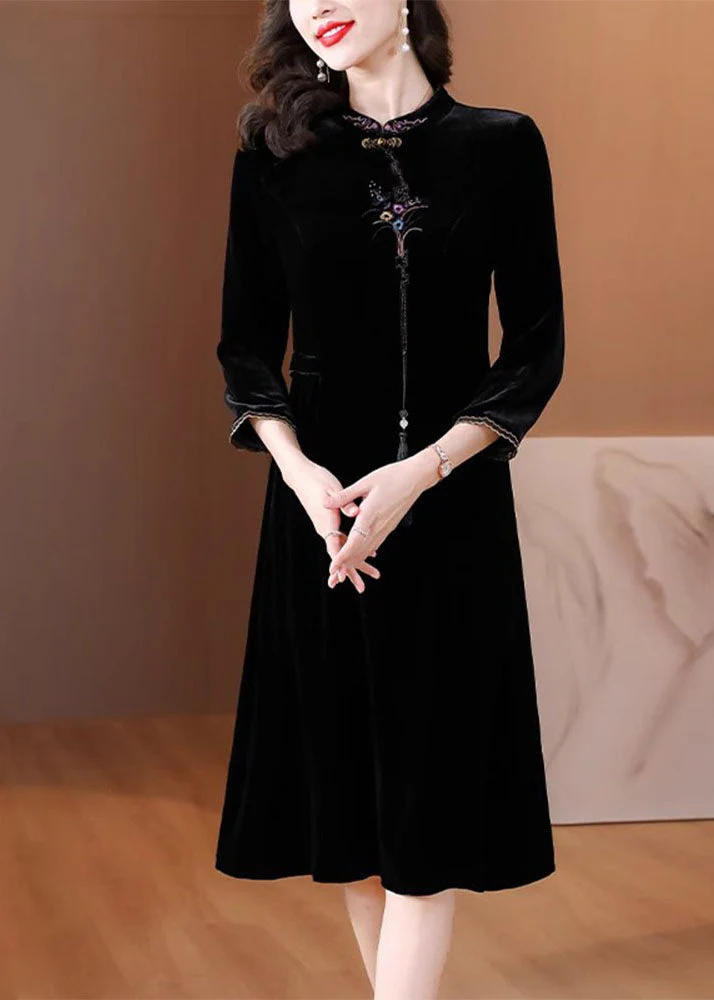 Classy Black Stand Collar Embroidered Floral Silk Velour Maxi Dress Fall - Image 2