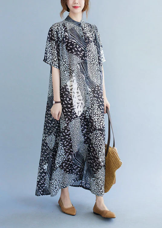 Classy Black Stand Collar Exra Large Hem Print Shirt Dress Short Sleeve - Image 2