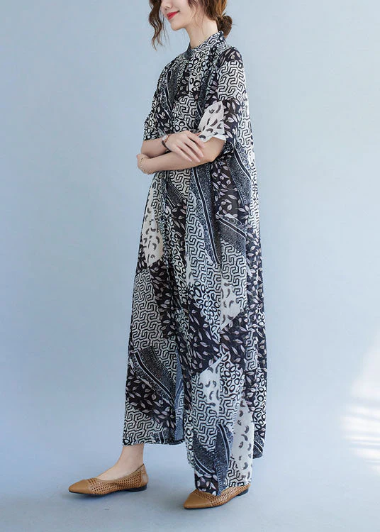 Classy Black Stand Collar Exra Large Hem Print Shirt Dress Short Sleeve - Image 3