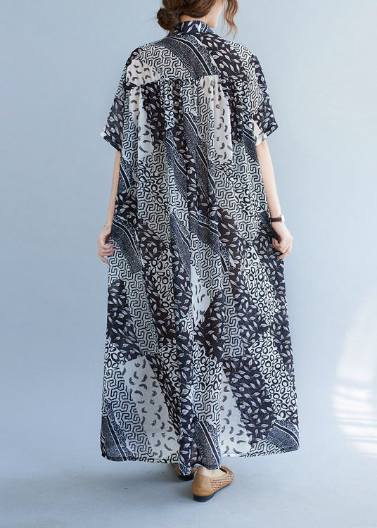 Classy Black Stand Collar Exra Large Hem Print Shirt Dress Short Sleeve - Image 4