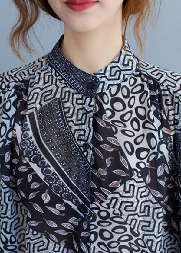 Classy Black Stand Collar Exra Large Hem Print Shirt Dress Short Sleeve - Image 5