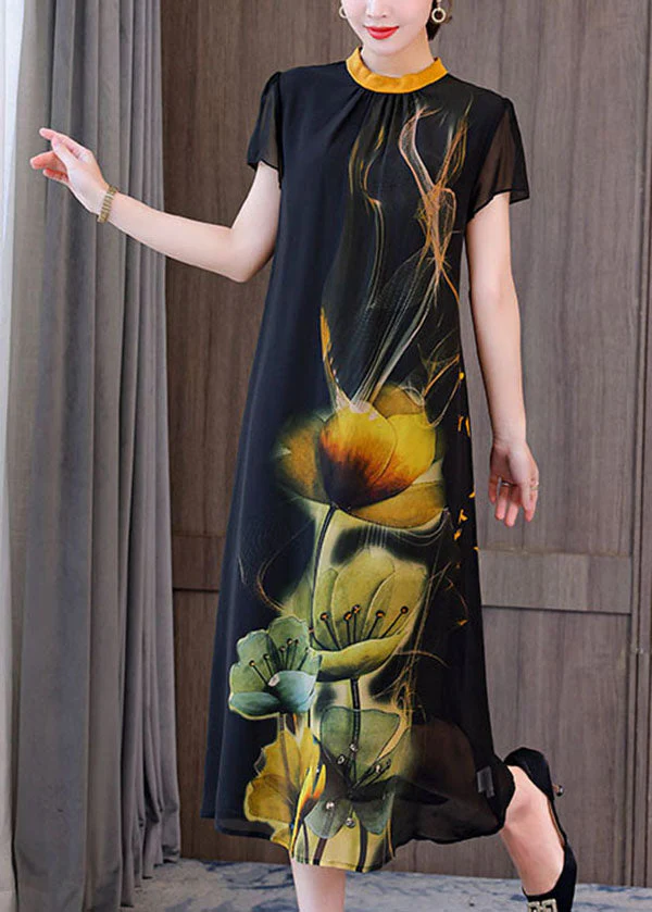 Classy Black Stand Collar Floral Print Chiffon Holiday Dresses Short Sleeve - Image 2