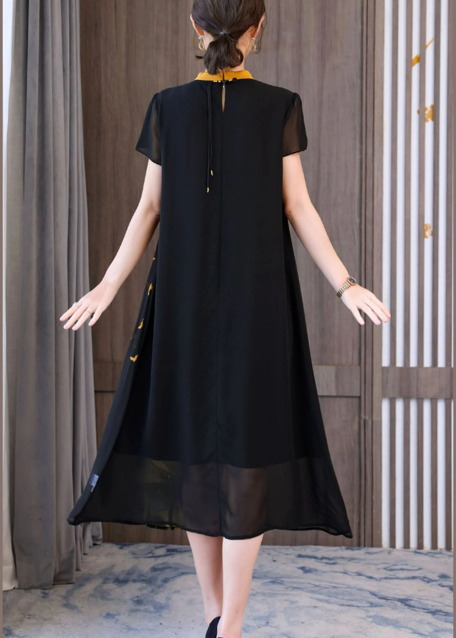 Classy Black Stand Collar Floral Print Chiffon Holiday Dresses Short Sleeve - Image 3