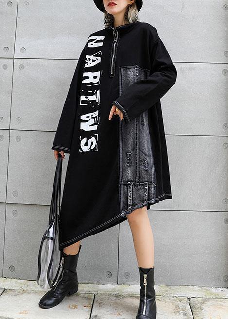 Classy black stand collar zippered cotton dress asymmetric Maxi fall Dresses - Image 3