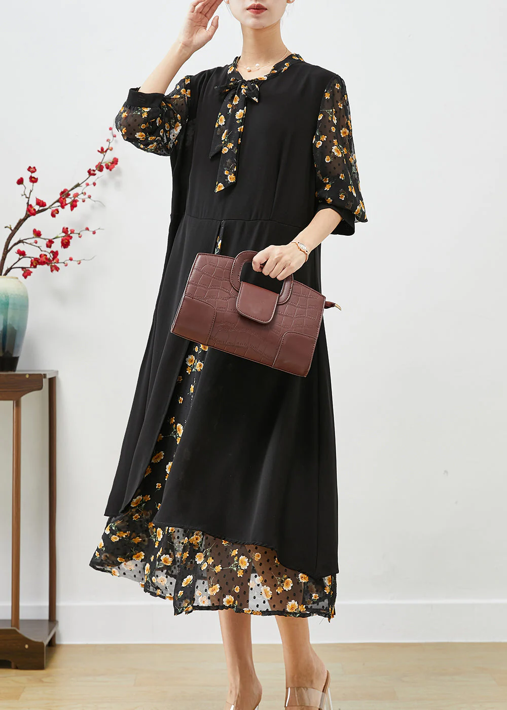 Classy Black Tie Neck Patchwork Print Silk Vacation Dresses Bracelet Sleeve - Image 2