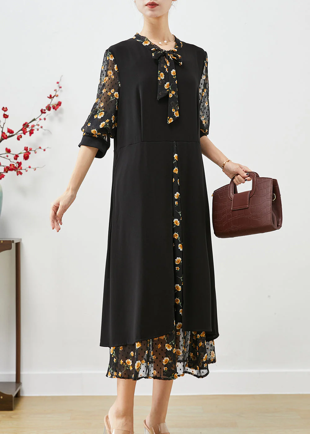 Classy Black Tie Neck Patchwork Print Silk Vacation Dresses Bracelet Sleeve - Image 3