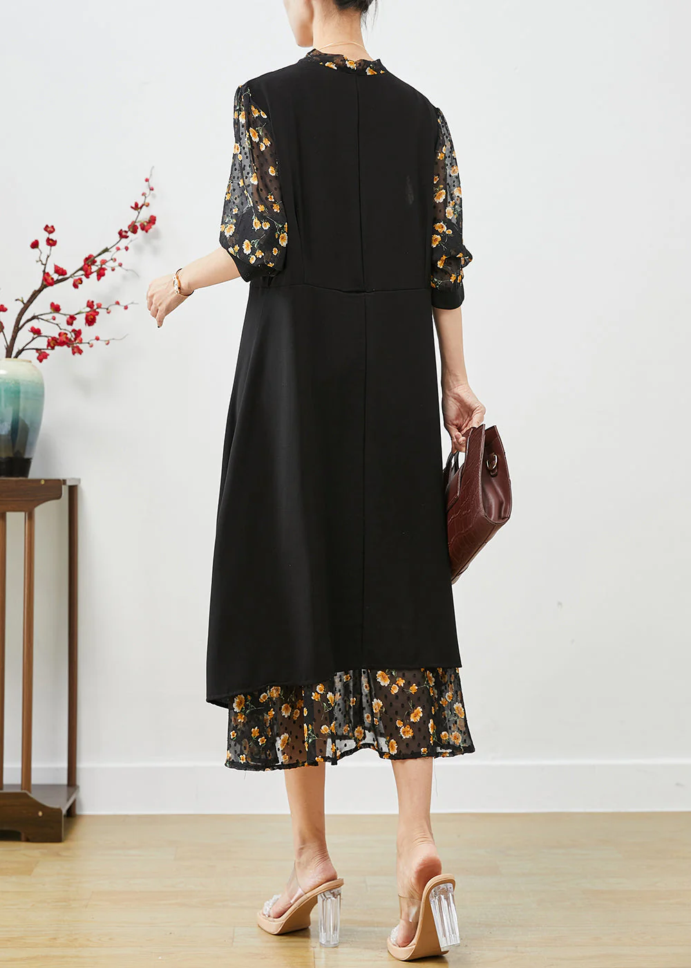 Classy Black Tie Neck Patchwork Print Silk Vacation Dresses Bracelet Sleeve - Image 4