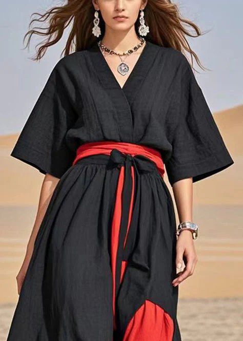 Classy Black Tie Waist Patchwork Cotton Maxi Dresses Summer - Image 2