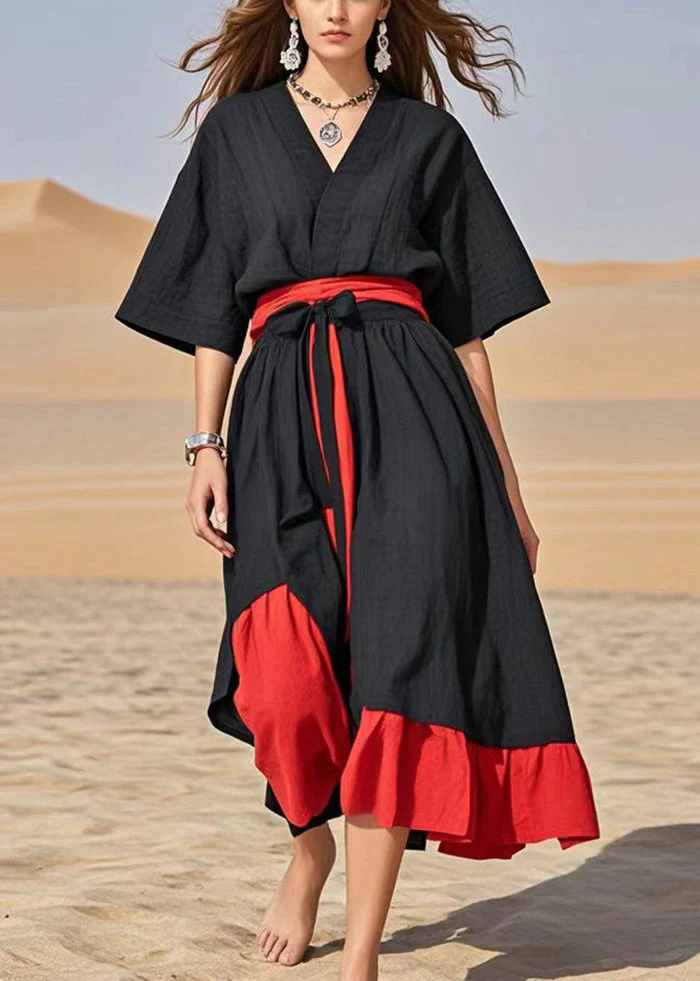 Classy Black Tie Waist Patchwork Cotton Maxi Dresses Summer - Image 3