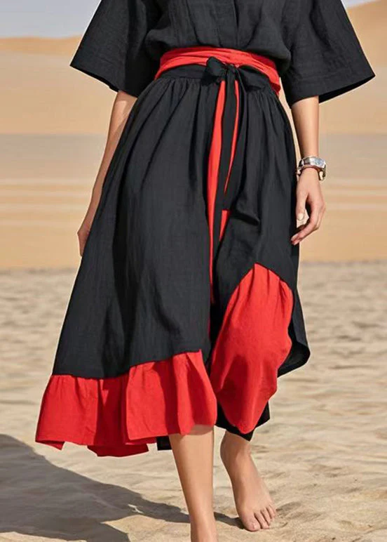 Classy Black Tie Waist Patchwork Cotton Maxi Dresses Summer - Image 4