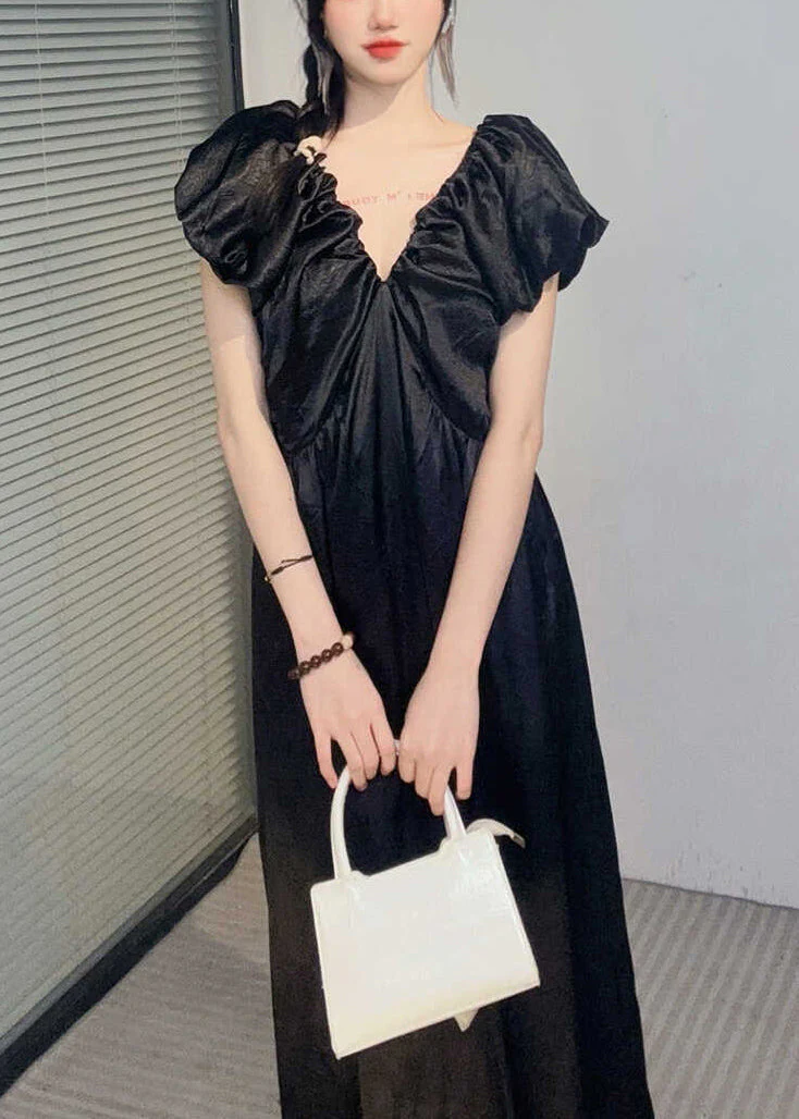 Classy Black V Neck Cinched Patchwork Silk Maxi Dresses Summer - Image 3