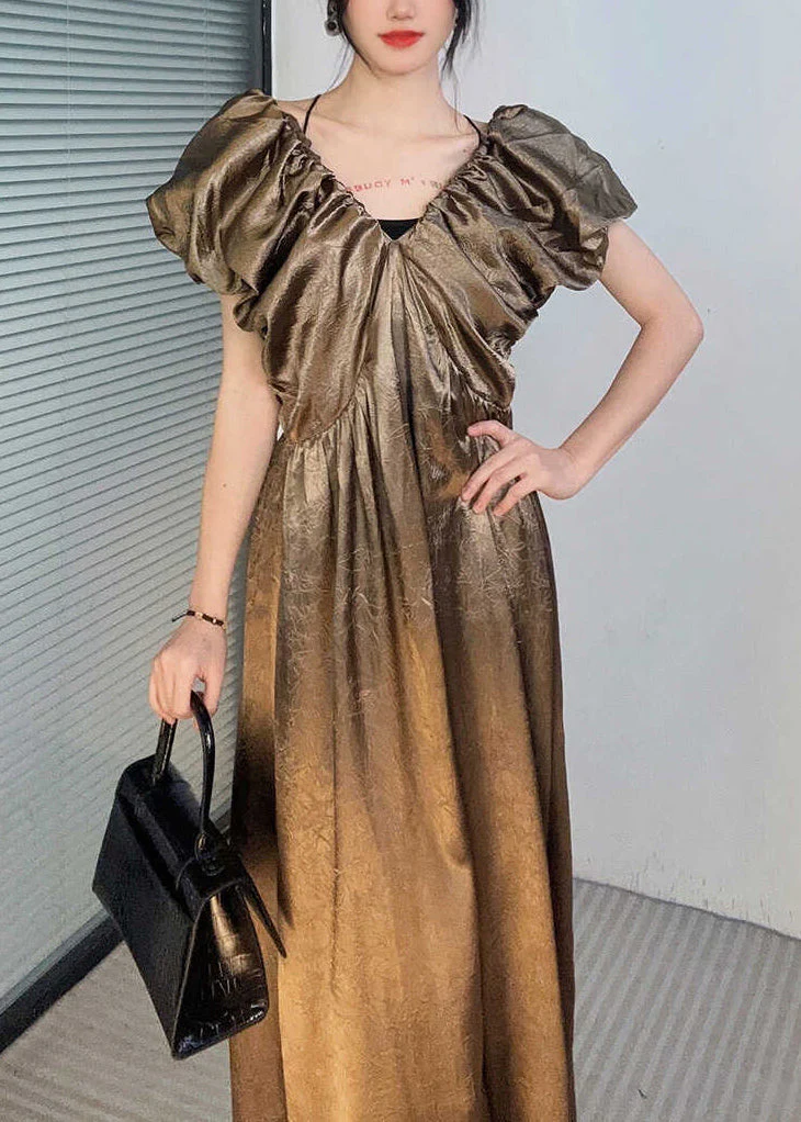 Classy Black V Neck Cinched Patchwork Silk Maxi Dresses Summer - Image 5