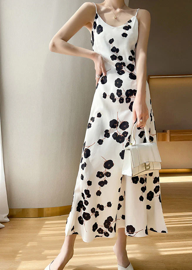 Classy Black V Neck Dot Print Silk Maxi Slip Dress Summer - Image 3