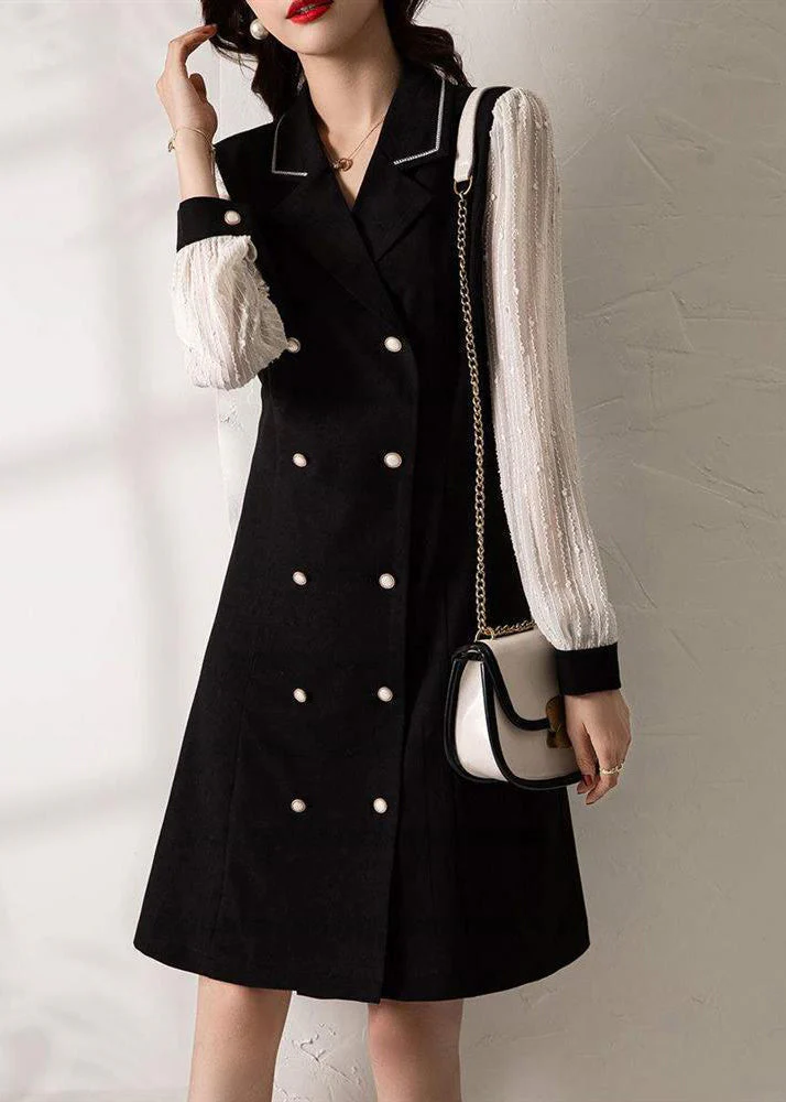Classy Black V Neck Double Breast Patchwork Spandex Dress Fall - Image 2